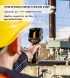 Engineer using a Testo 883 thermal camera to inspect distant substation equipment