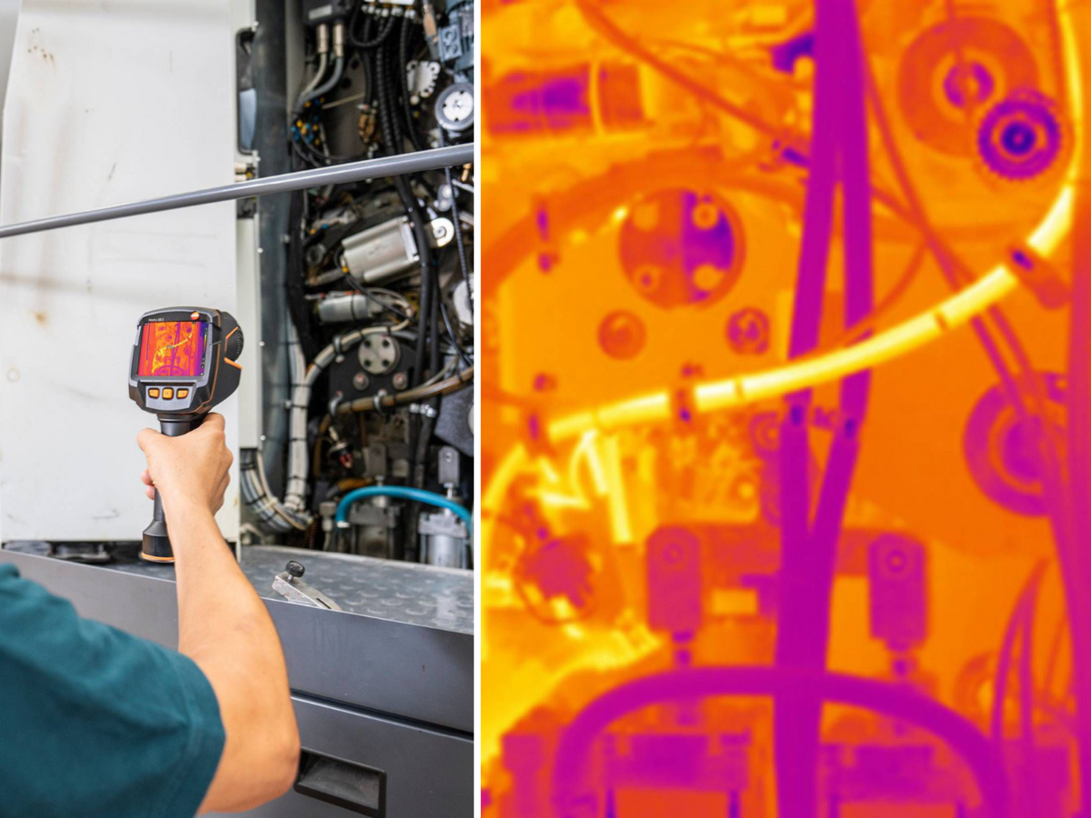 Engineer using a Testo 883-1 thermal imaging camera to inspect industrial machinery alongside the resulting thermogram