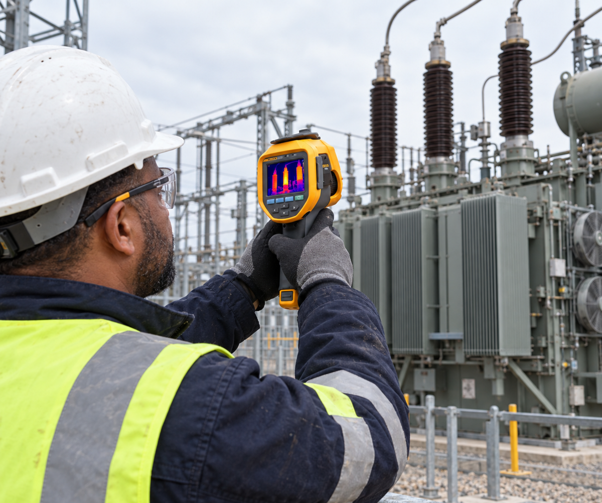 Industrial reliability engineer using a Fluke Ti480U thermal imager to inspect a high-voltage transformer at an electrical substation