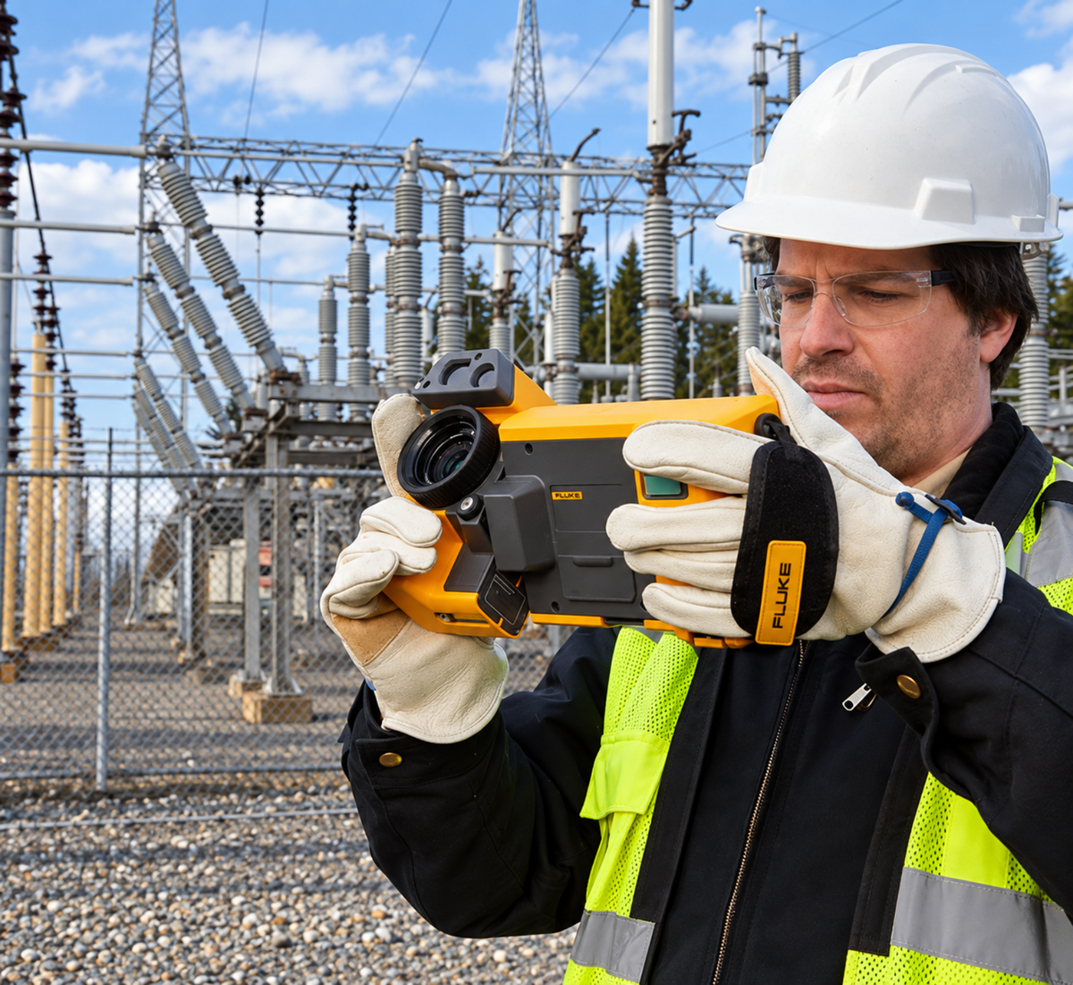 engineer inspecting substation using Fluke TiX501 thermal imaging camera.