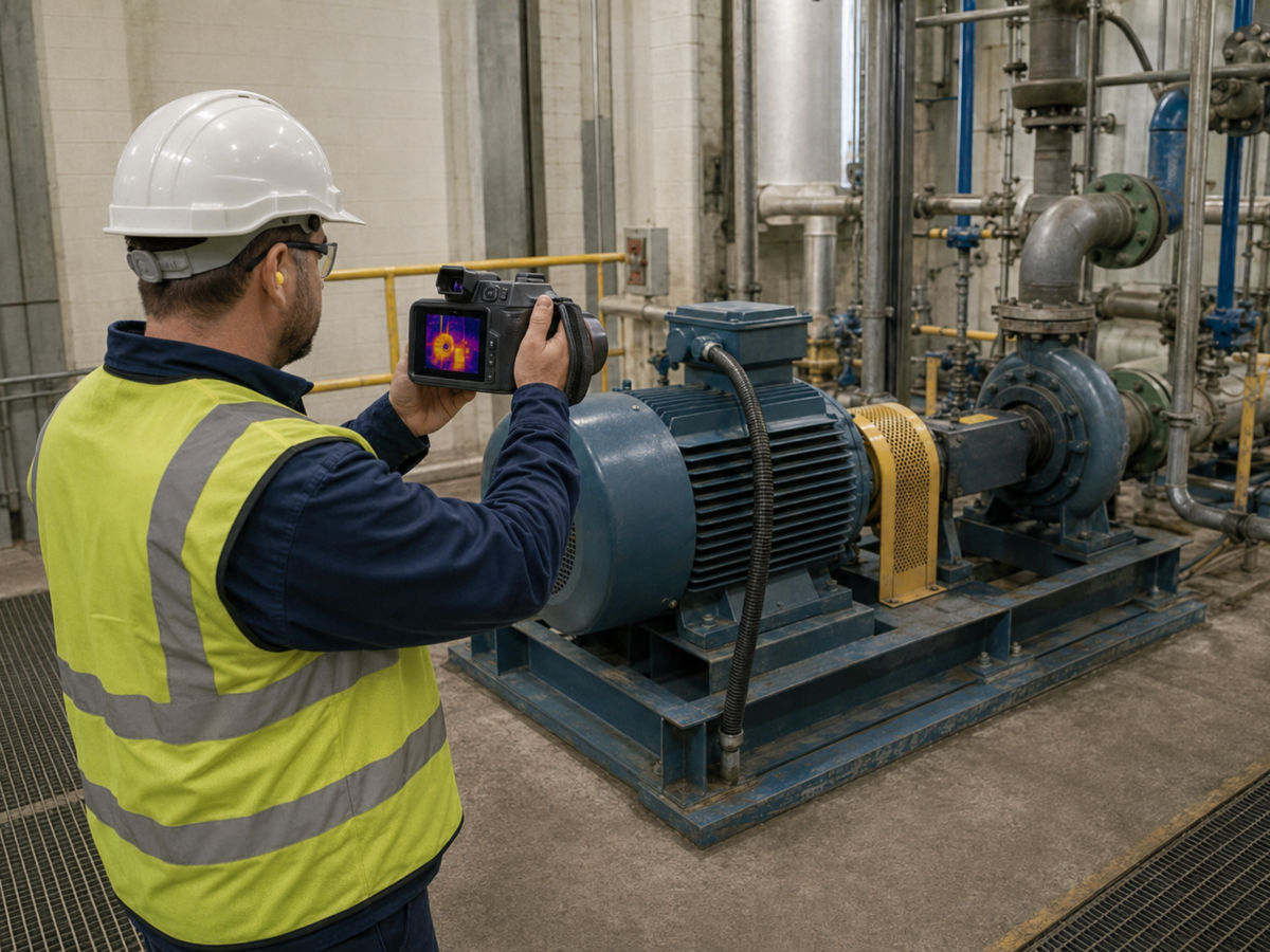 Industrial thermographer using a Guide PT II PT650S thermal camera to inspect a large motor-driven centrifugal pump.