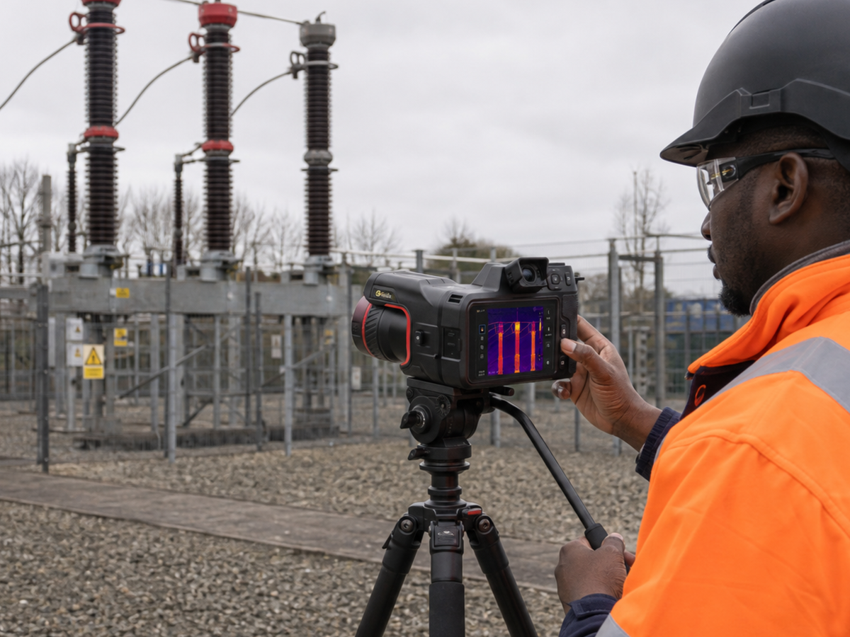 Black utility thermographer using a tripod-mounted Guide PT870S thermal camera to inspect high-voltage substation equipment.