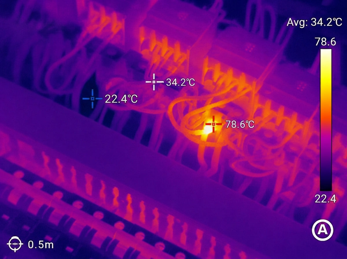 Guide Hammer II thermal view of the same switchboard showing a localised hot connection at a contactor terminal.