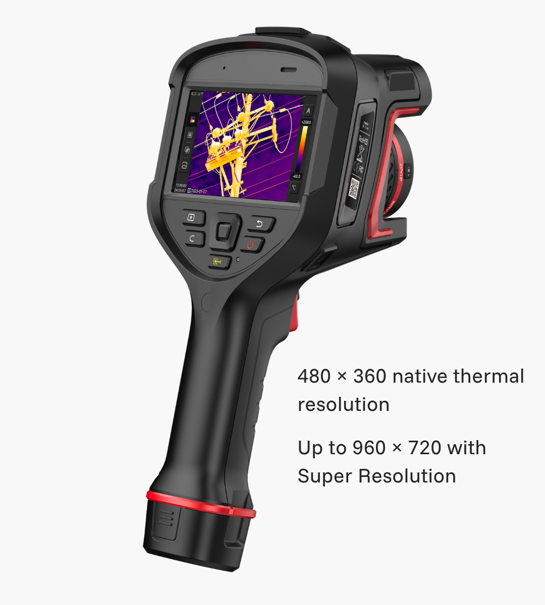 Guide Sensmart H4S Hammer II display showing 480 × 360 native resolution, up to 960 × 720 Super Resolution, <15 mK sensitivity and 50 Hz imaging.
