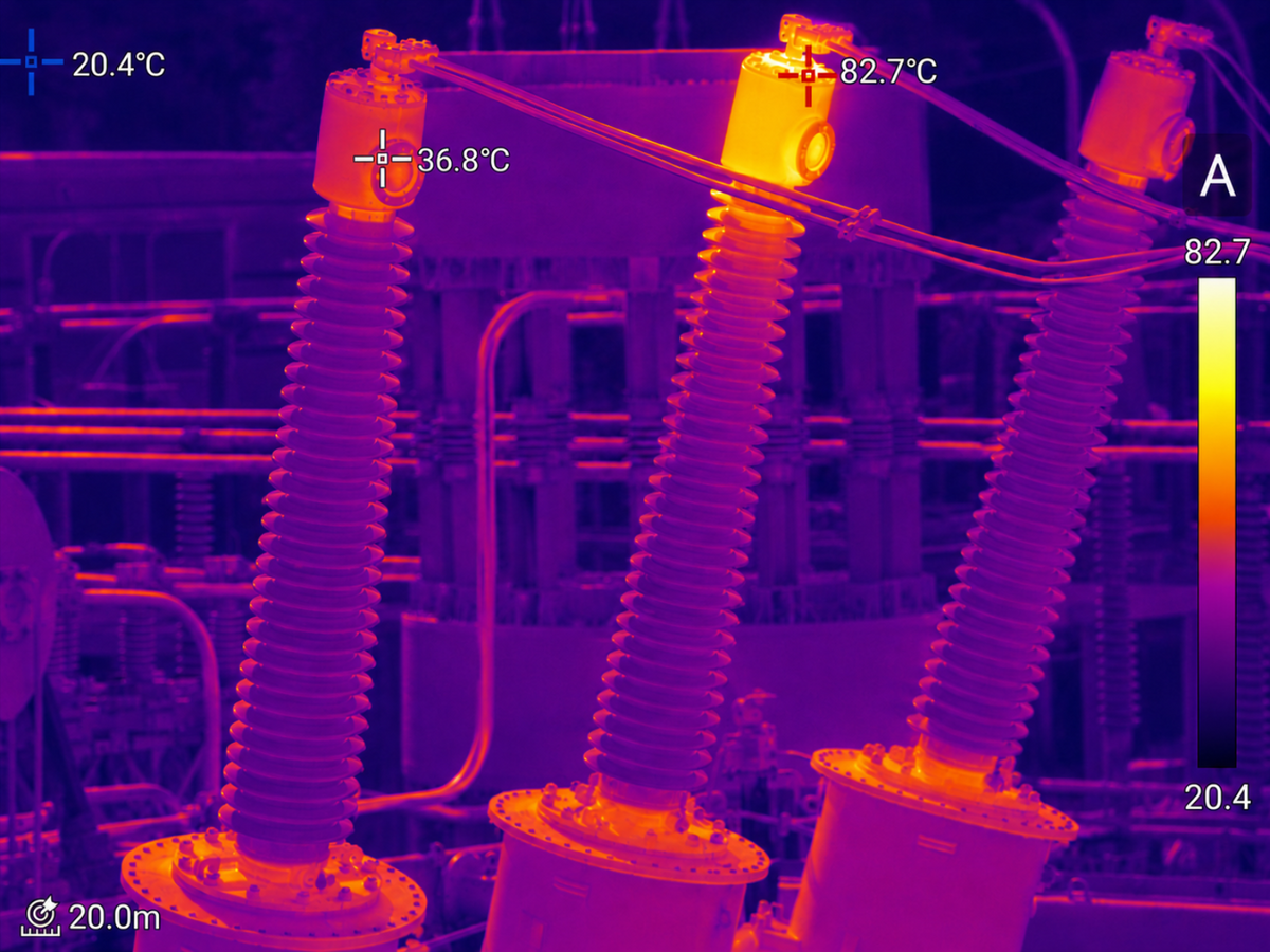 Thermal image: Guide Hammer II H6S thermogram showing an 82.7°C hotspot at the centre-phase upper electrical terminal.