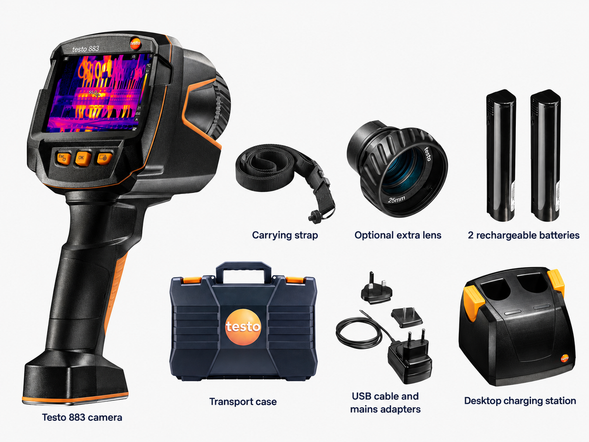 Testo 883 thermal imaging camera with optional lens, batteries, carrying strap, transport case, charging station and power adapters