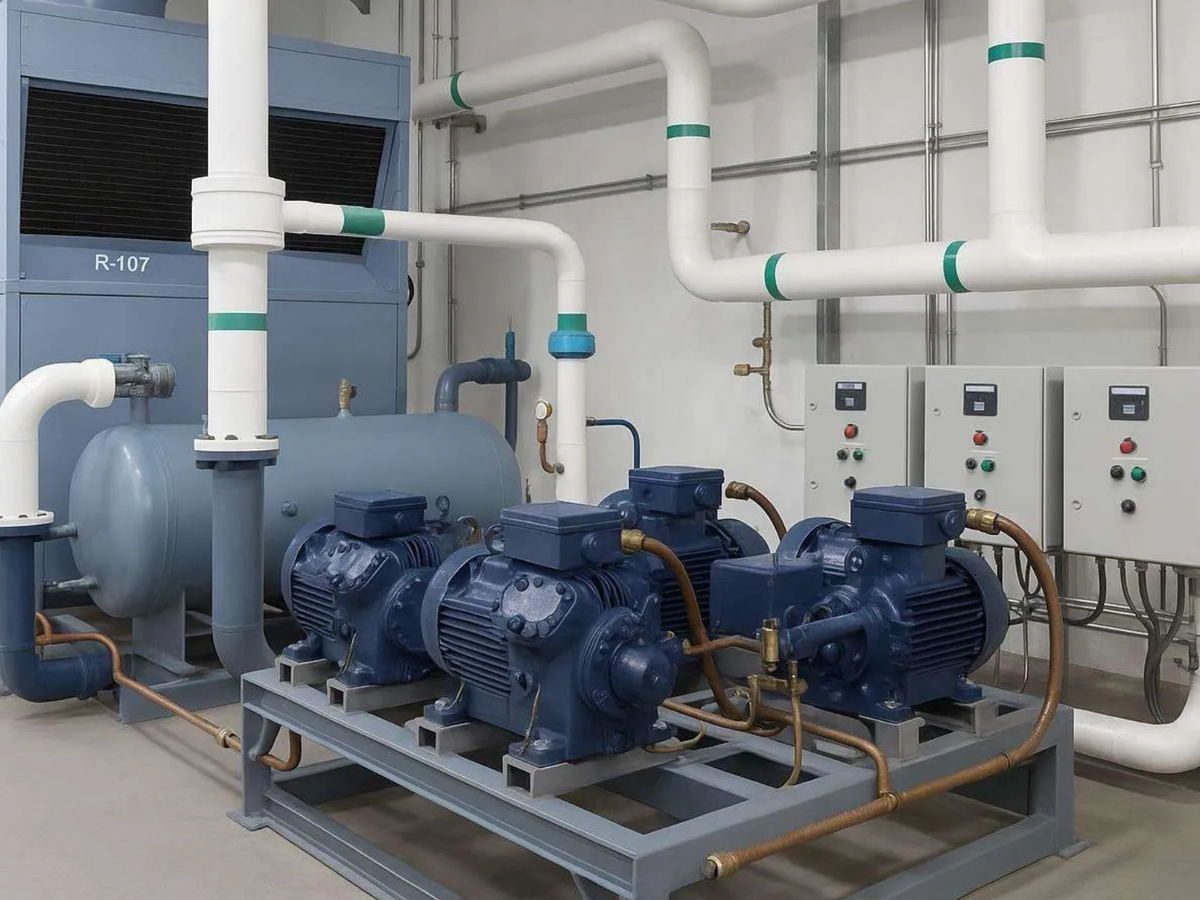 Four industrial refrigeration compressors with associated pipework in a commercial chiller plant room.