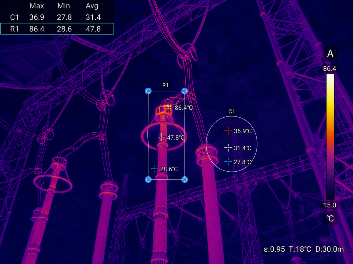 Thermal image of a high-voltage substation showing localised overheating at the central conductor connection.