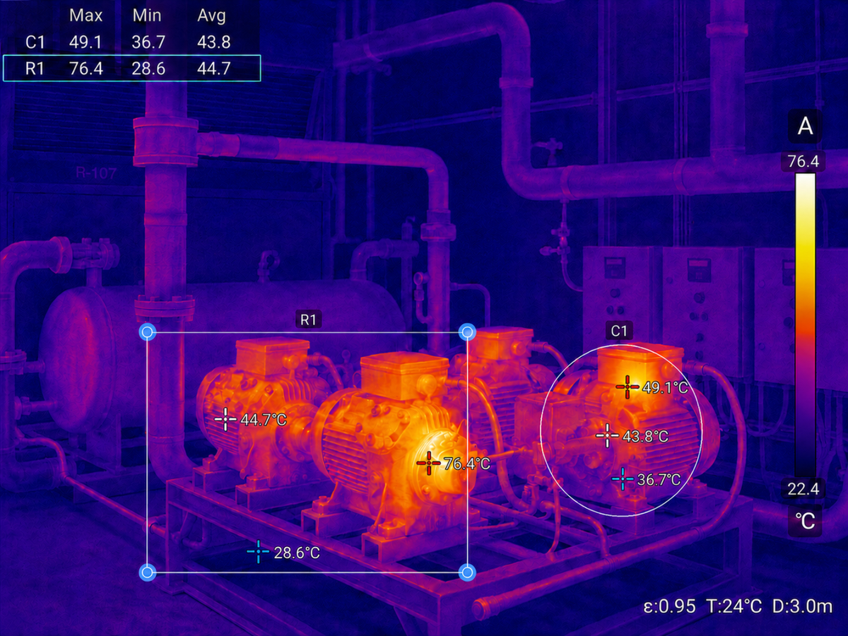 Thermal image of three industrial refrigeration compressors showing abnormal overheating on the centre compressor.