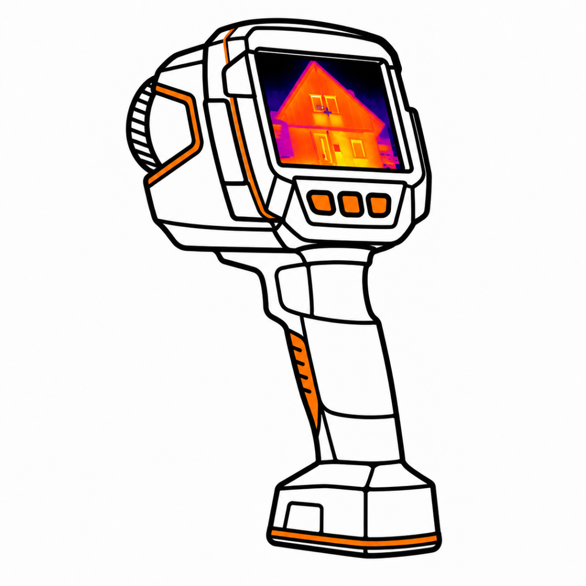 Illustrated Testo 883 thermal imaging camera displaying a thermogram of a house