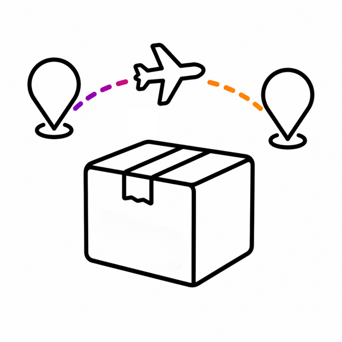 Icon showing aeroplane and cardboard box representing shipping.