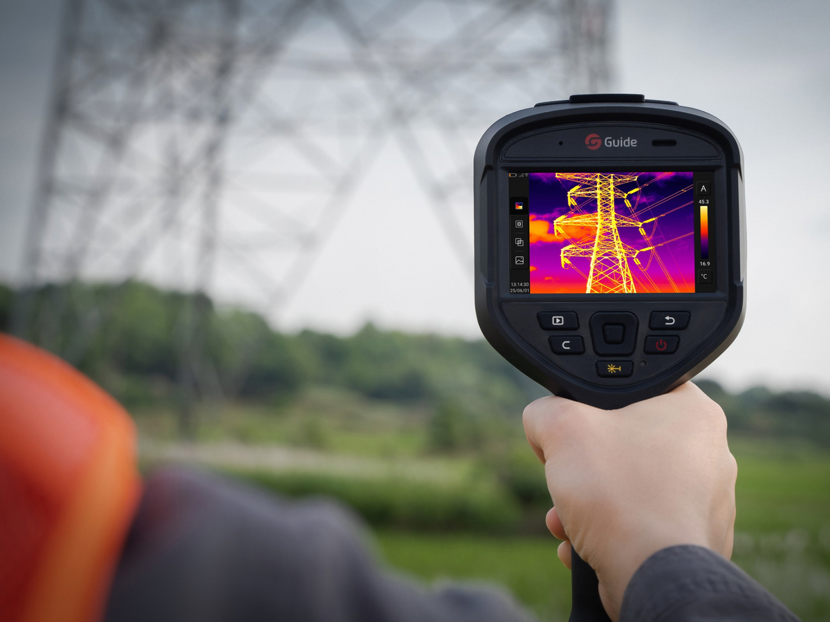 Utility engineer using a Guide Hammer II thermal camera to inspect overhead power lines and transmission infrastructure.
