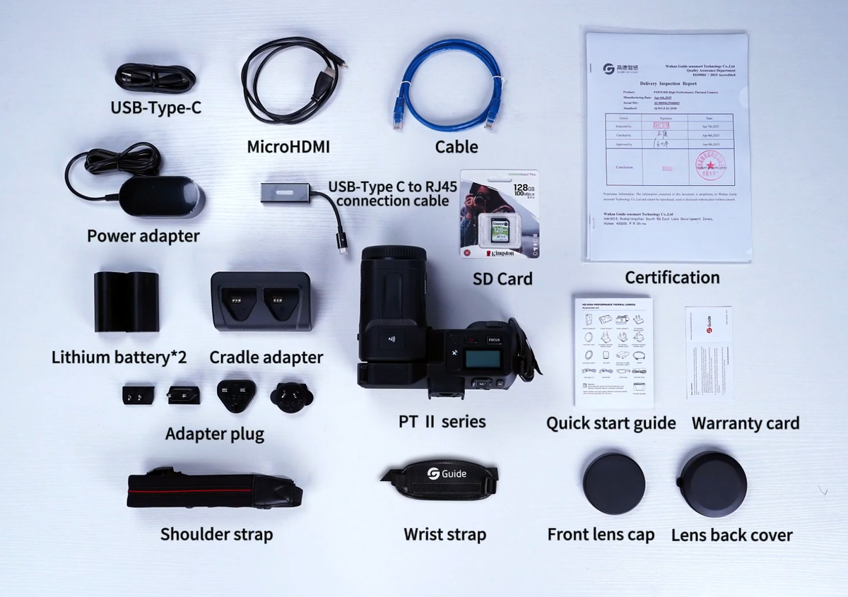 Guide PT II "what's included" image showing charging cables, lens caps, wrist and shoulder straps, extra batteries, battery charging cradle, SD card, mains plug adapters.
