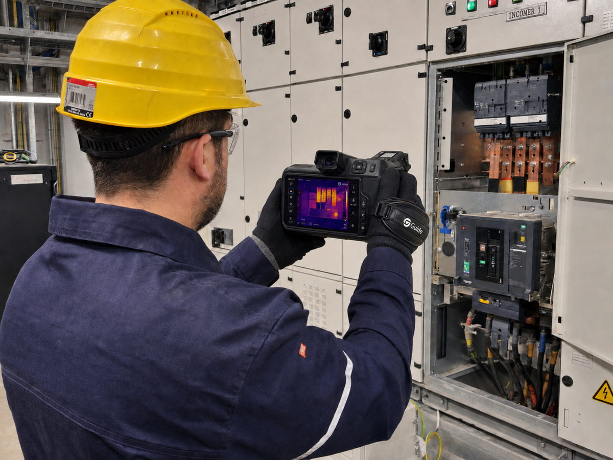 Electrical maintenance engineer using a Guide PT450S thermal camera to inspect an open switchgear cabinet in an industrial plant room.